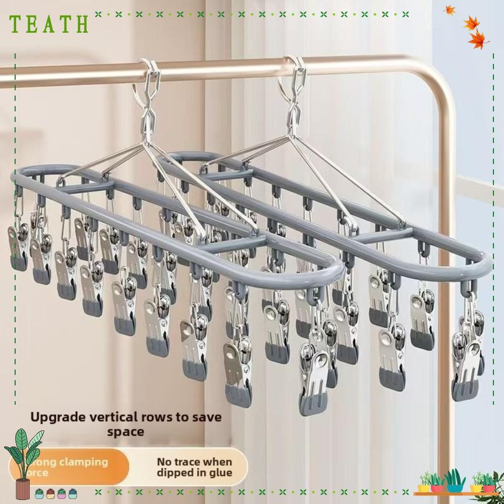 TEATH ราวตากผ้า, ​​กันลม ​​ไม้แขวนเสื้อสแตนเลส, ​​ทนทาน ​​ออกแบบไม่ทําเครื่องหมาย​​ 20 ความจุคลิป​​ ที่จัดระเบียบเสื้อผ้า​​ คลิปหนีบชุดชั้นใน ระเบียงอบแห้ง​​