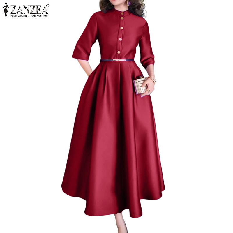 ZANZEA เดรสปาร์ตี้สำหรับผู้หญิง แขน 3/4 ซาตินพับกระโปรง มีซิปด้านข้าง