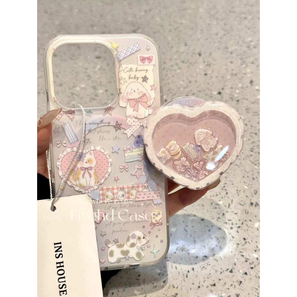 Ins เกาหลีสีชมพู Love Cat Bow Casing + Shake Bracket สําหรับ iPhone 11 16 16E 15 14 13 12 Pro Xs Max XR X 7 8 6 Plus SE Soft TPU เคสโทรศัพท์ป้องกันกันกระแทกกรณีปกหลัง