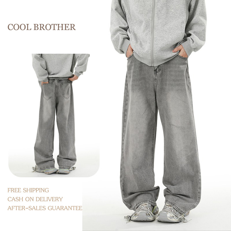 [COOL BROTHER]กางเกงยีนส์ชายสีเทาอ่อน ออกแบบลายย้อนยุค สไตล์สูงในเทรนด์ ทรงหลวมสวมใส่ง่าย กางเกงยีนส์ทรงหลวมย้อนยุคผู้ชาย