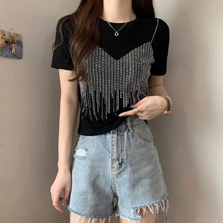 เสื้อยืดเพชร แขนสั้น สำหรับผู้หญิง ทรงสลิมฟิต แฟชั่นฤดูร้อน เสื้อแจ็กเกต