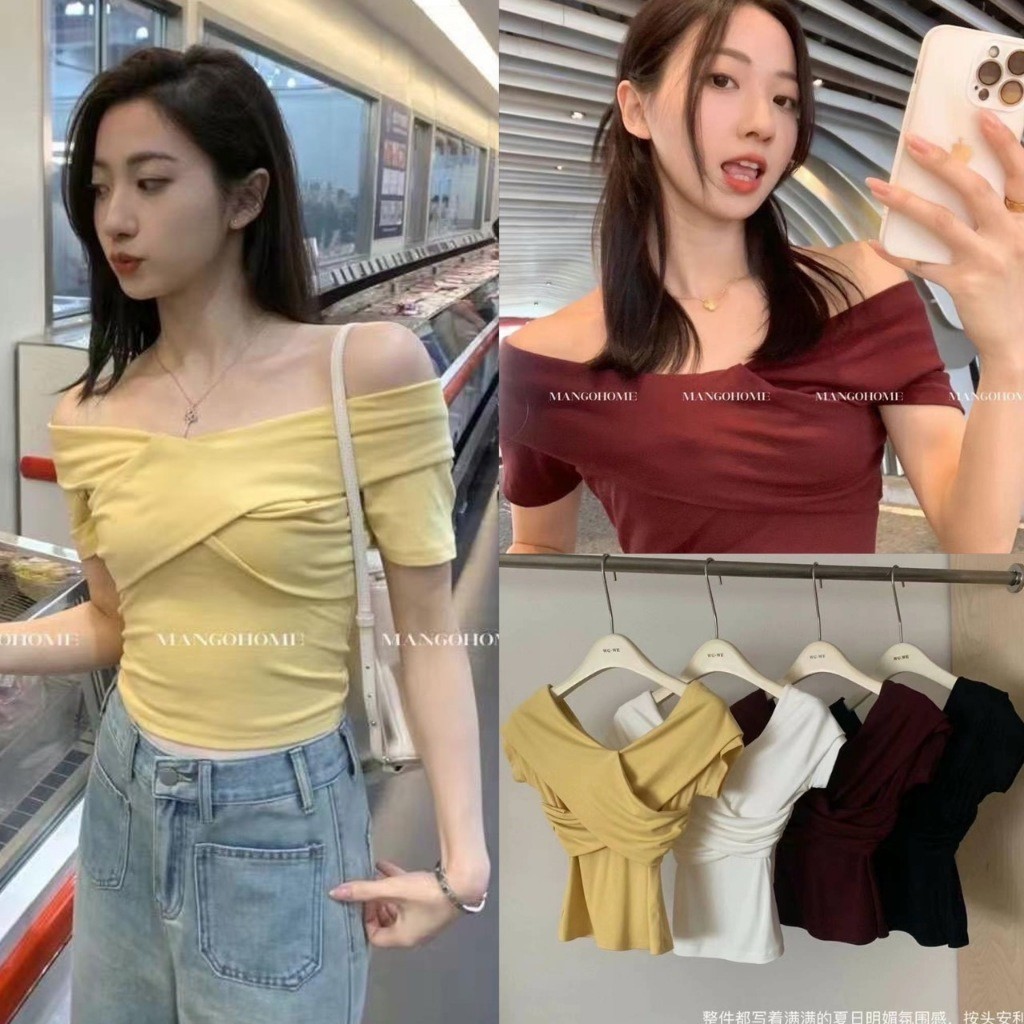 🧵 🇰🇷 เสื้อยืดปาดไหล่ผ้ายืด ทรงใหม่ ทรงเกาหลี ทรงน่ารัก แฟชั่นเกาหลี TAG WG.WE 🧵