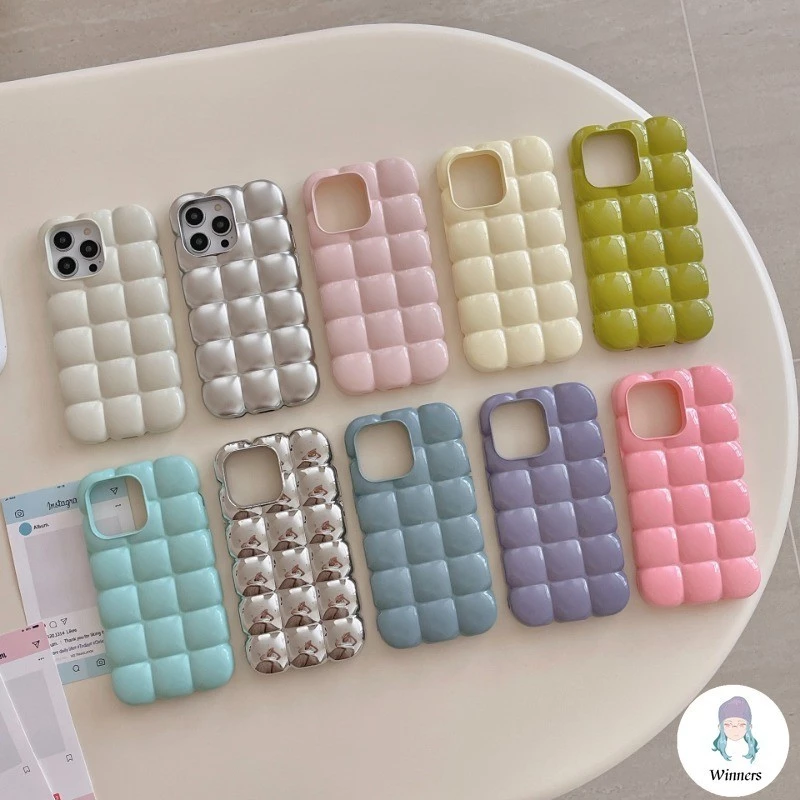 แฟชั่น 3D Lattice Electroplate Dopamine เคส Iphone เข้ากันได้กับ iPhone 17 16 15 14 Pro Max 11 13 Pro Max 12 Pro Max บล็อกรูปร่างสีทึบนุ่ม TPU ฝาหลังโทรศัพท์มือถือ