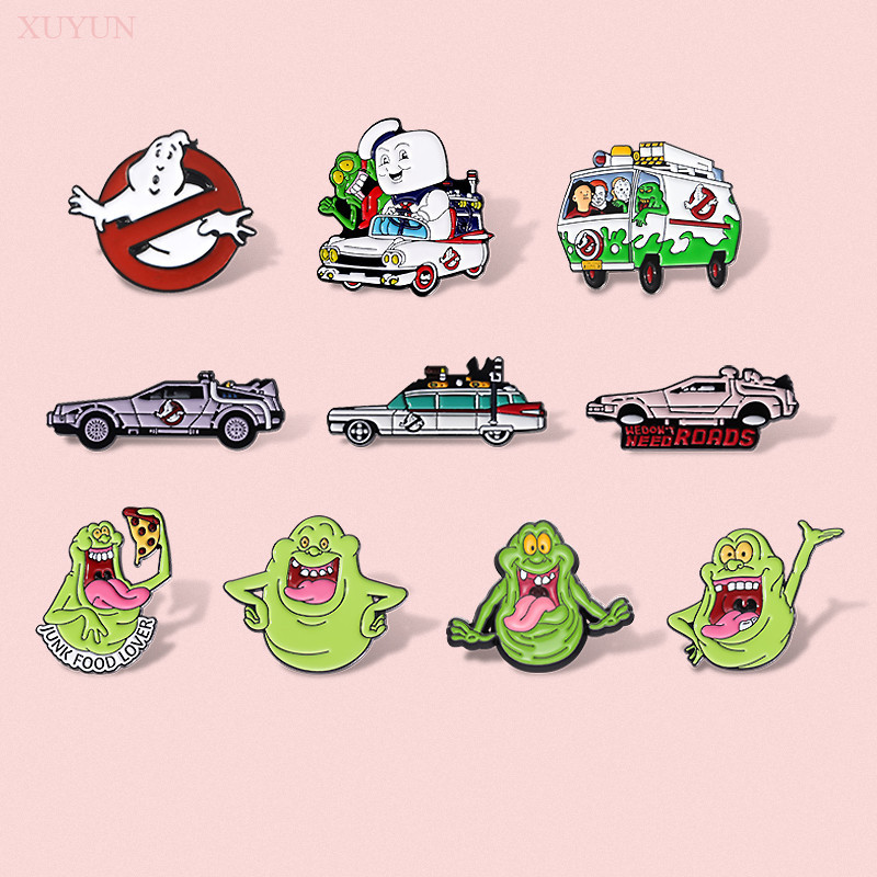 ภาพยนตร์ "Ghostbusters" Series เข็มกลัดเคลือบมอนสเตอร์สีเขียวน่ารักการ์ตูนผีป้ายโลหะรถรูปร่าง Pin เครื่องประดับของขวัญ