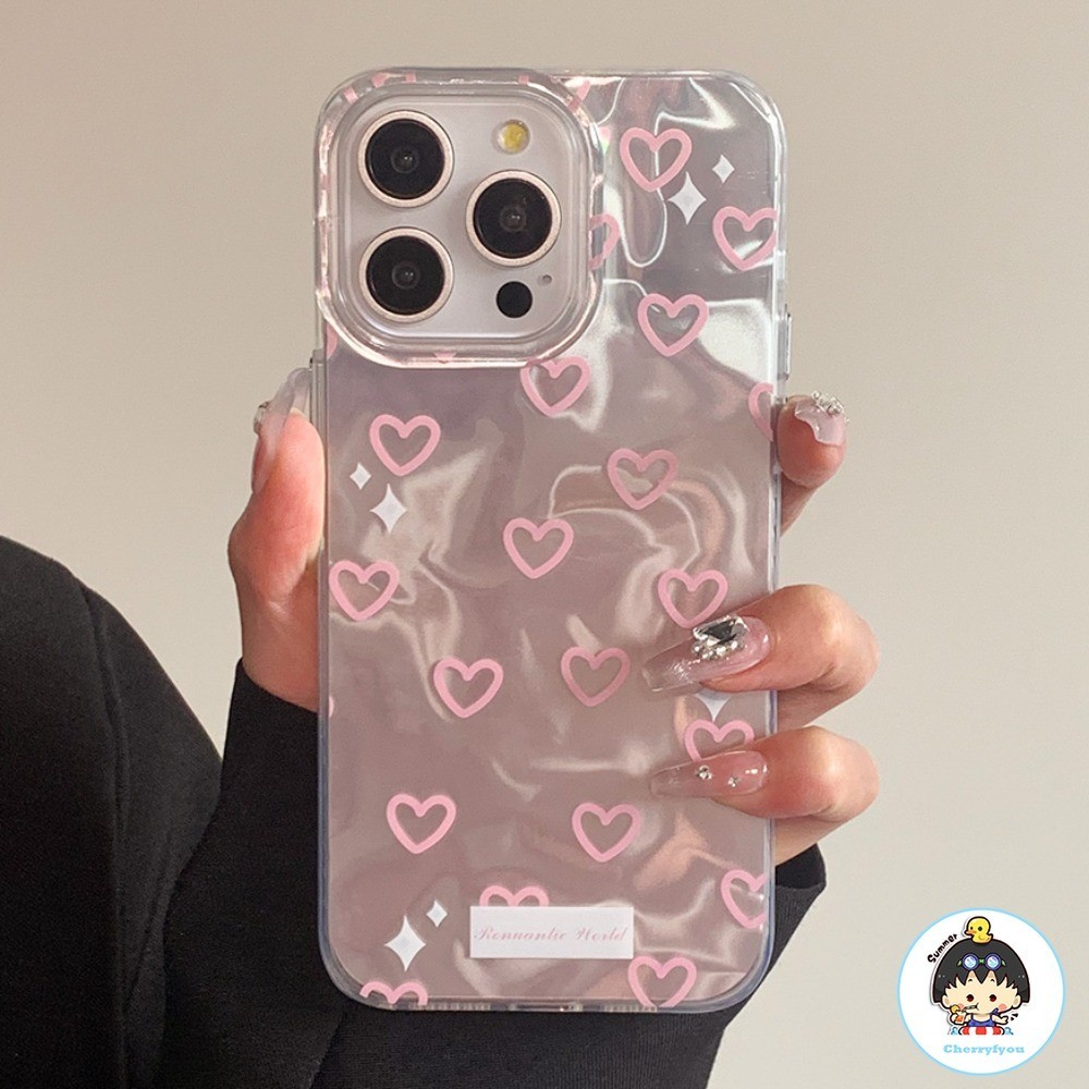 หรูหราสีชมพูหัวใจรักเลเซอร์เคสโทรศัพท์สําหรับ IPhone 11 15 14 13 12 Pro Max X XR 8 7 Plus Dirt ทน Anti-fall Soft TPU ปกหลัง