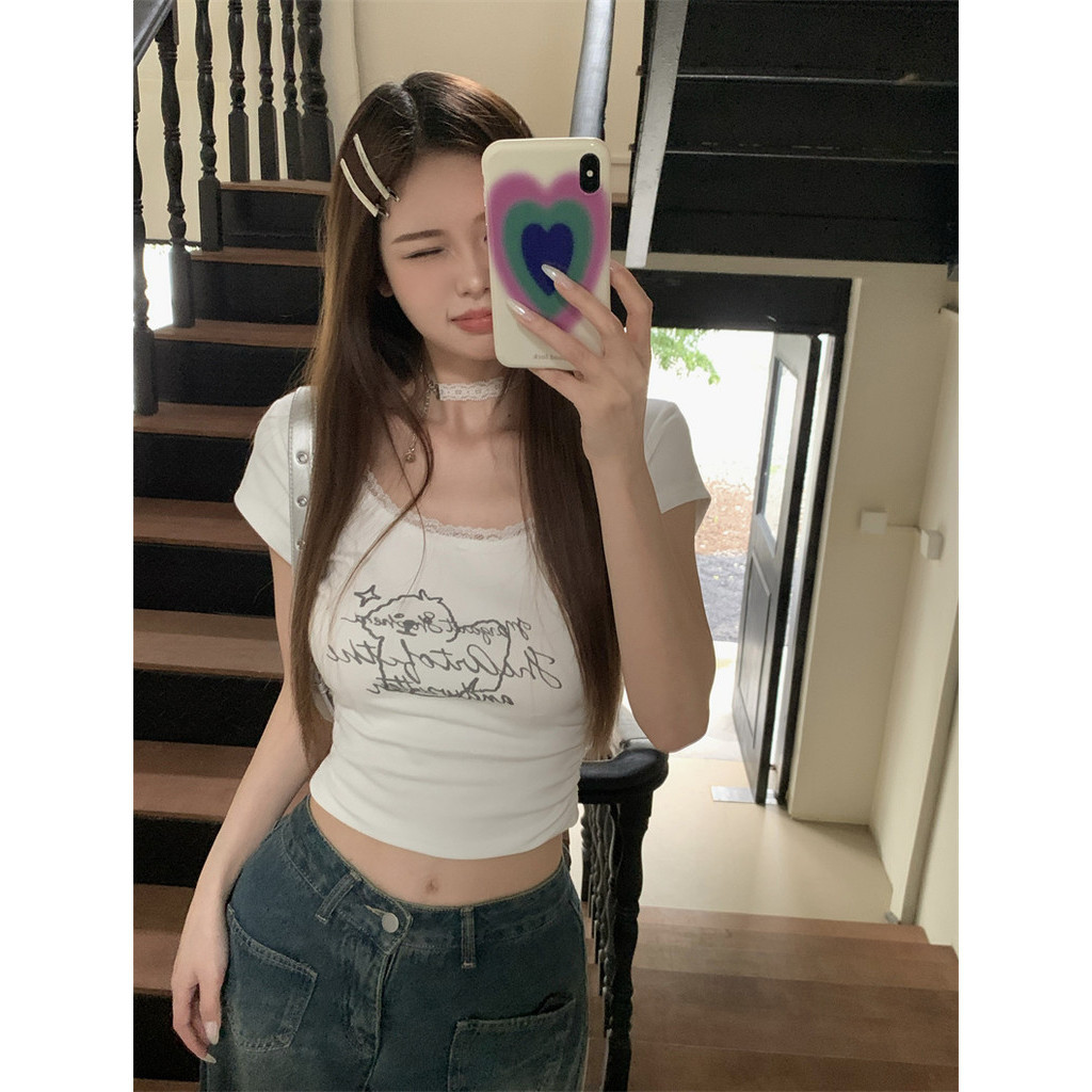 Nuziro Crop Top - เสื้อยืดแขนสั้นพิมพ์ลายสุนัขแฟชั่นและน่ารักสําหรับผู้หญิง #016