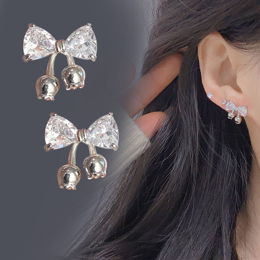 Gentle Temperament Niche Rhinestone Bow สไตล์ใหม่หรูหราเฉพาะต่างหูเรียบง่าย