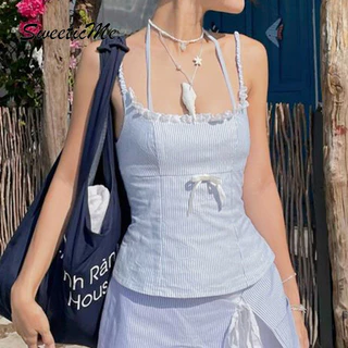 SweeticMe แฟชั่นใหม่ของผู้หญิงลูกไม้สลิมฟิตโบว์สายลายหวานเสื้อกล้ามสายเดี่ยว