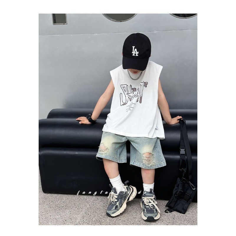 Boy Tops (10-40kg) แขนกุดตัวอักษรพิมพ์ผ้าฝ้ายเสื้อกล้ามแฟชั่นเกาหลี Cool Kid Boy Top Wear - รูปที่ 3