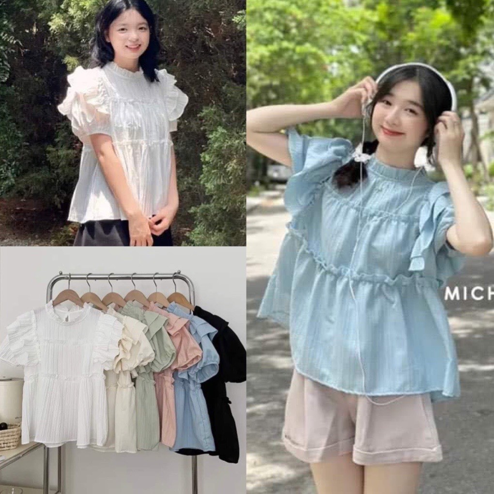 เบบี้ดอลล์ เสื้อแต่งระบายปีกนางฟ้าผ้าชั้นคอปกย่นแขนสั้นเสื้อเชิ้ตผู้หญิงสไตล์โรงเรียนเกาหลี xuxyuy
