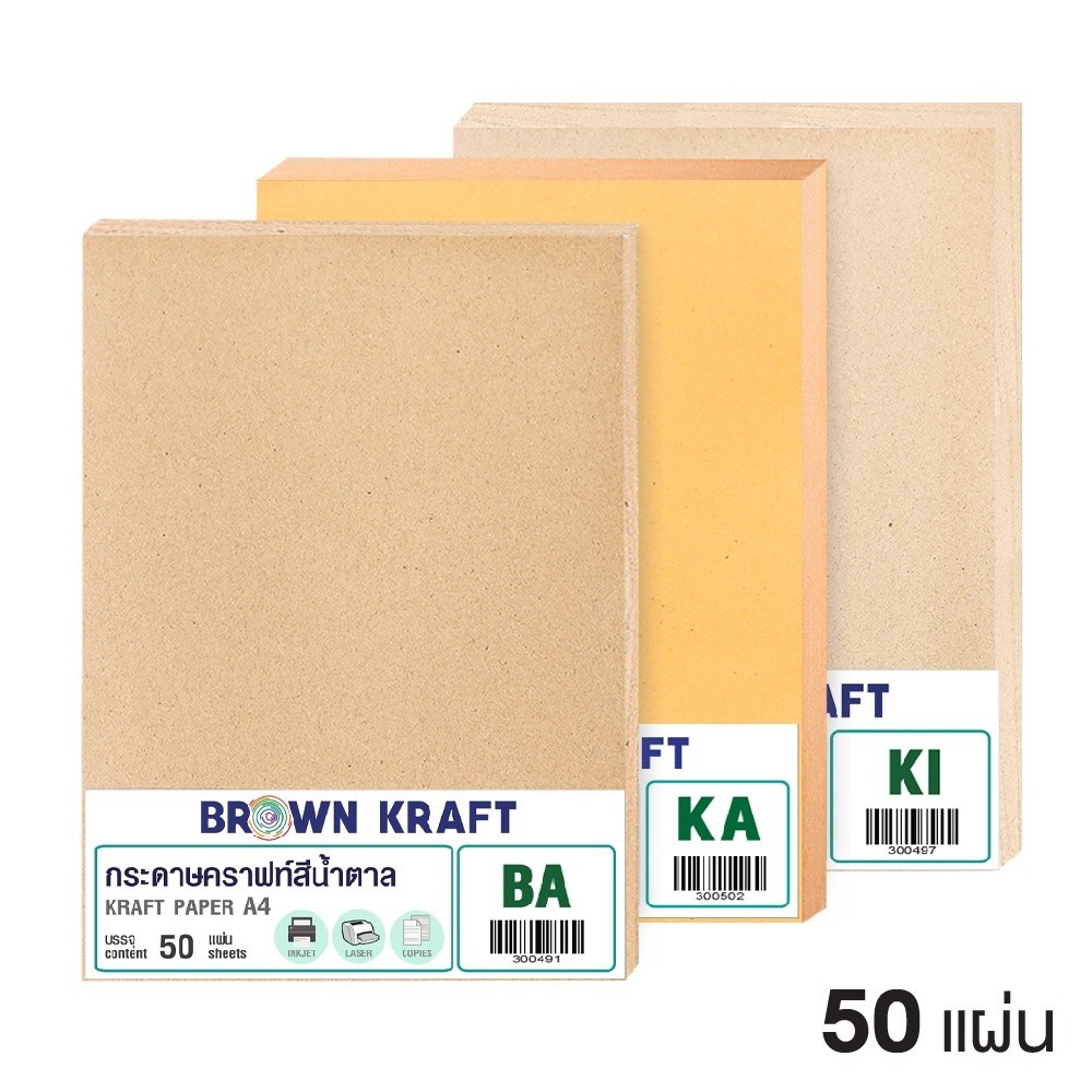 กระดาษคราฟท์ A4 สีน้ำตาล กระดาษรักษ์โลก BA / KA / KI (110/125/150/185/230 แกรม) แพ็ค 50 แผ่น Kraft P