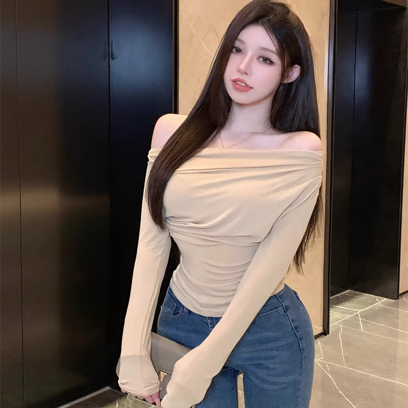 KaeKai พร้อมส่ง เสื้อแขนยาว ปาดไหล่ โชว์ไหล่ สีพื้น สายฝอ งานฮิตกำลังมาแรง สวยเซ็กซี่