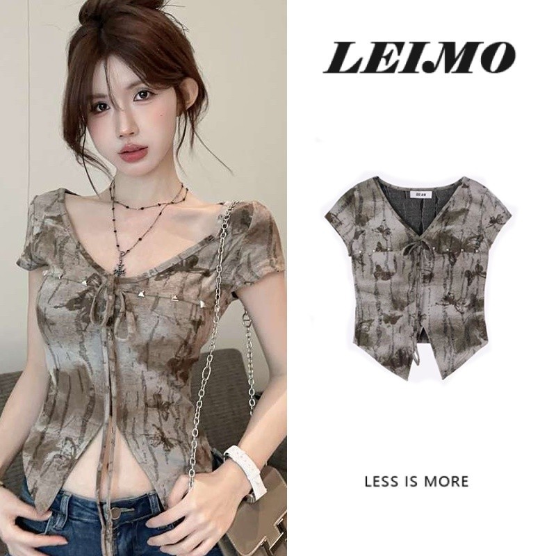 เสื้อเข้ารูปผ้าผูกย้อมสไตล์วินเทจคอวีแหวกแนวแหวกแนวแนวฤดูร้อน