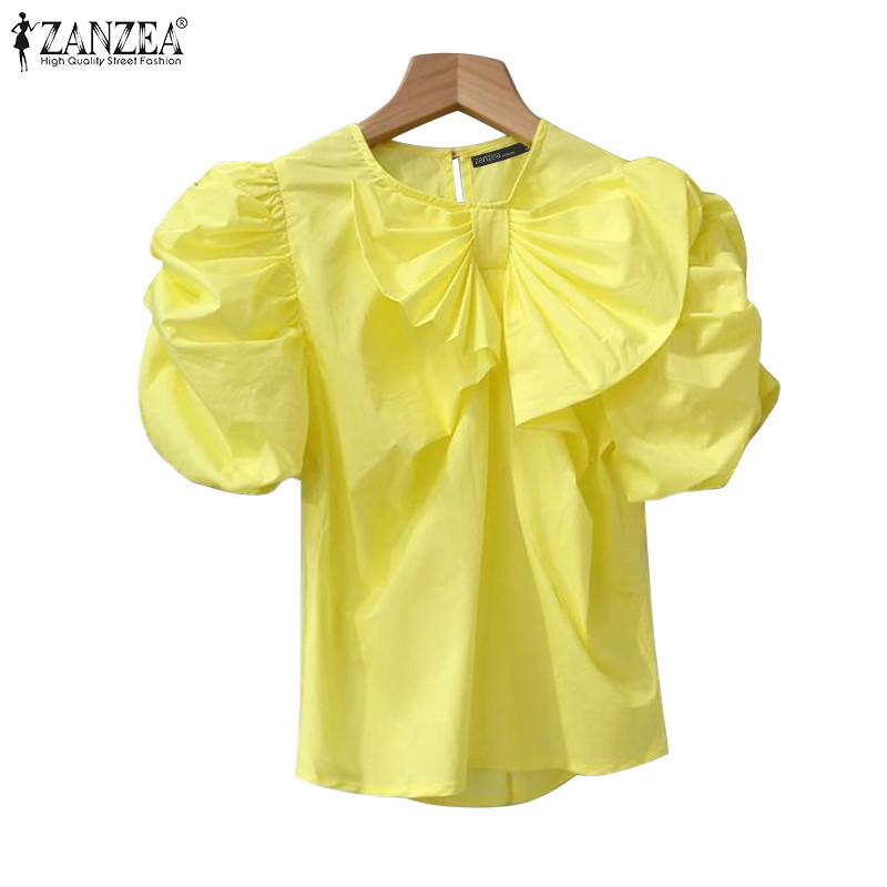 ZANZEA ซานเซีย ผู้หญิงแฟชั่นวันหยุดลูกเรือคอผูกแขนสั้นหลวมสีทึบเสื้อ