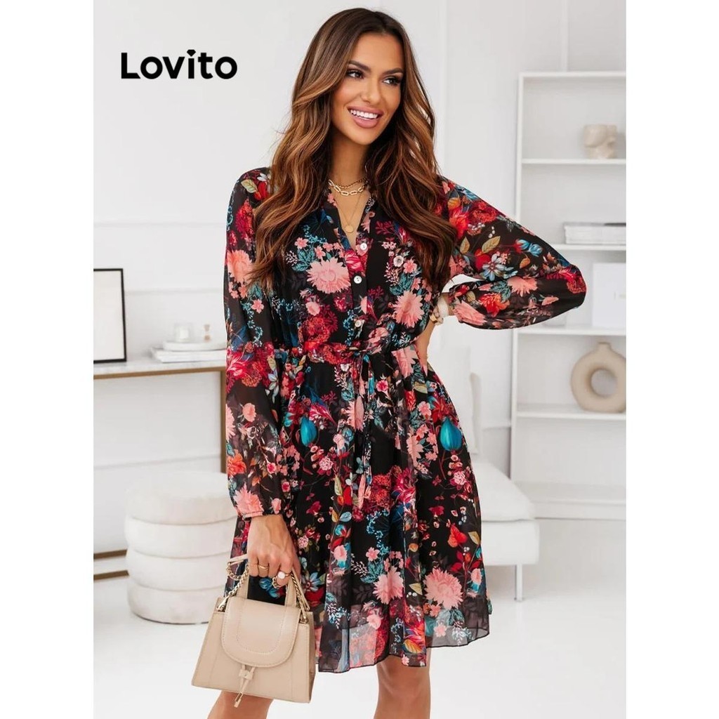 Lovito ชุดเดรสผู้หญิง ลายดอกไม้ สไตล์หรูหรา LNL61257