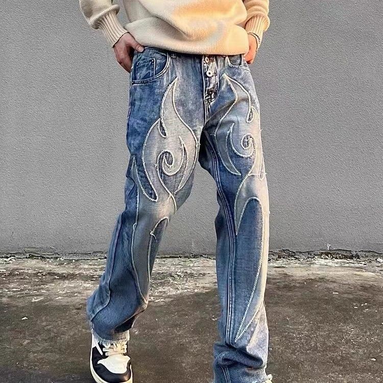 American Street Mens Pants Retro Design Stitching Patch ล้างกางเกงยีนส์ปักผู้ชายผู้หญิงกางเกงขาตรง High Street Frayed กางเกงเสื้อผ้าผู้ชาย [คลังสินค้าพร้อม
