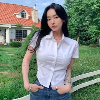 【S-2XL】Women's college style white shirt PoLo neck short sleeved top Womenswear Blouse