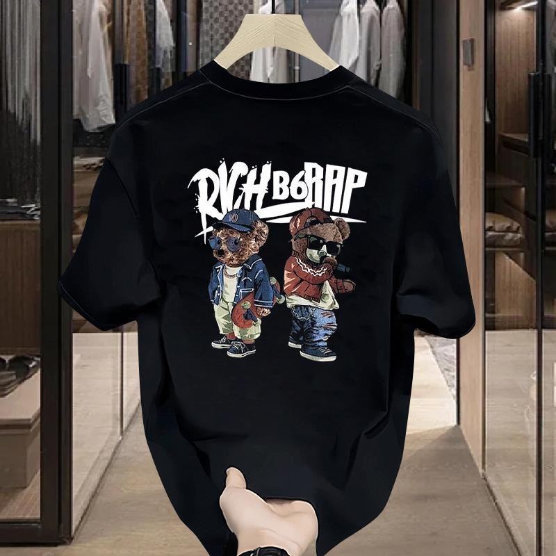 YT เสื้อยืดคอกลม สวมใส่สบาย ไม่มีริ้วรอย ผ้าฝ้าย 100% ลายหมีฮิปฮอป ผ้านุ่ม ไม่หดตัว แฟชั่นและลำลอง S-4XL