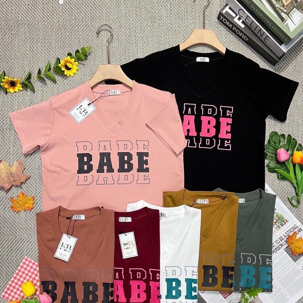 น15 เสื้อผ้าเด้งคอวีสกรีนอักษร BABE ป้ายKB women