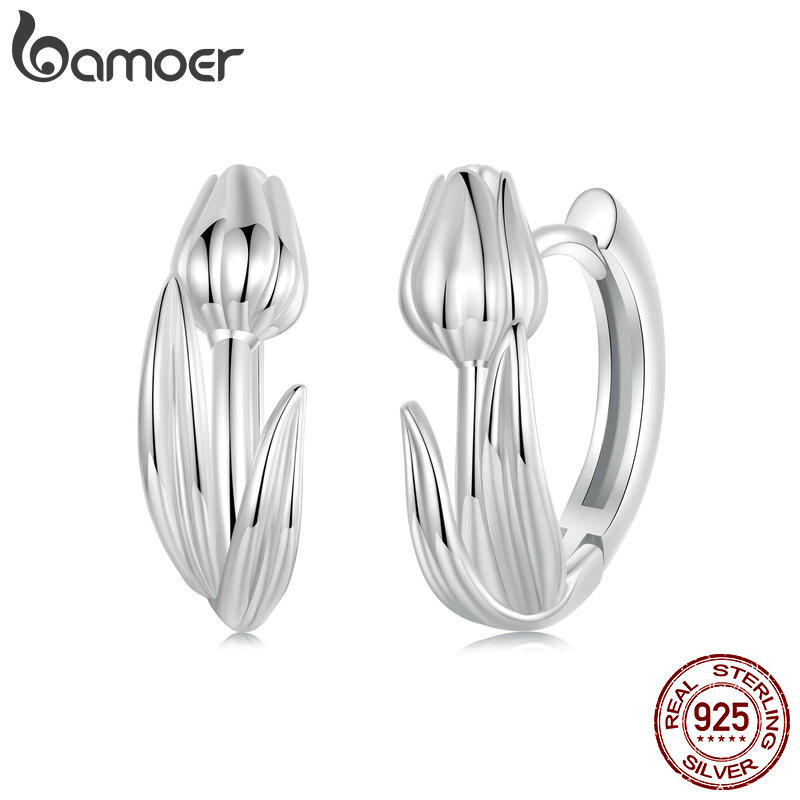 Bamoer 925 เงินสเตอร์ลิง Sliver Hoop ต่างหูทิวลิปออกแบบของขวัญเครื่องประดับสําหรับผู้หญิง