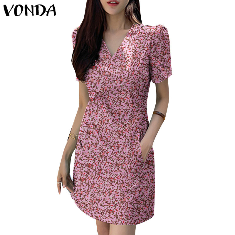 Vonda ชุดเดรสคอวีแขนสั้นลายดอกไม้ลําลองเกาหลีสําหรับผู้หญิง