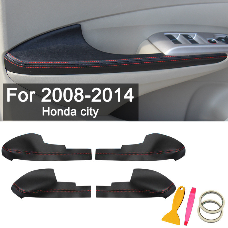 4 ชิ้นสําหรับ 2008-2014 Honda city 4 ที่เท้าแขนประตูหนังแผงประตูหนังหุ้มปลายลึงค์ภายในตกแต่งใหม่รถรีเซ็ต