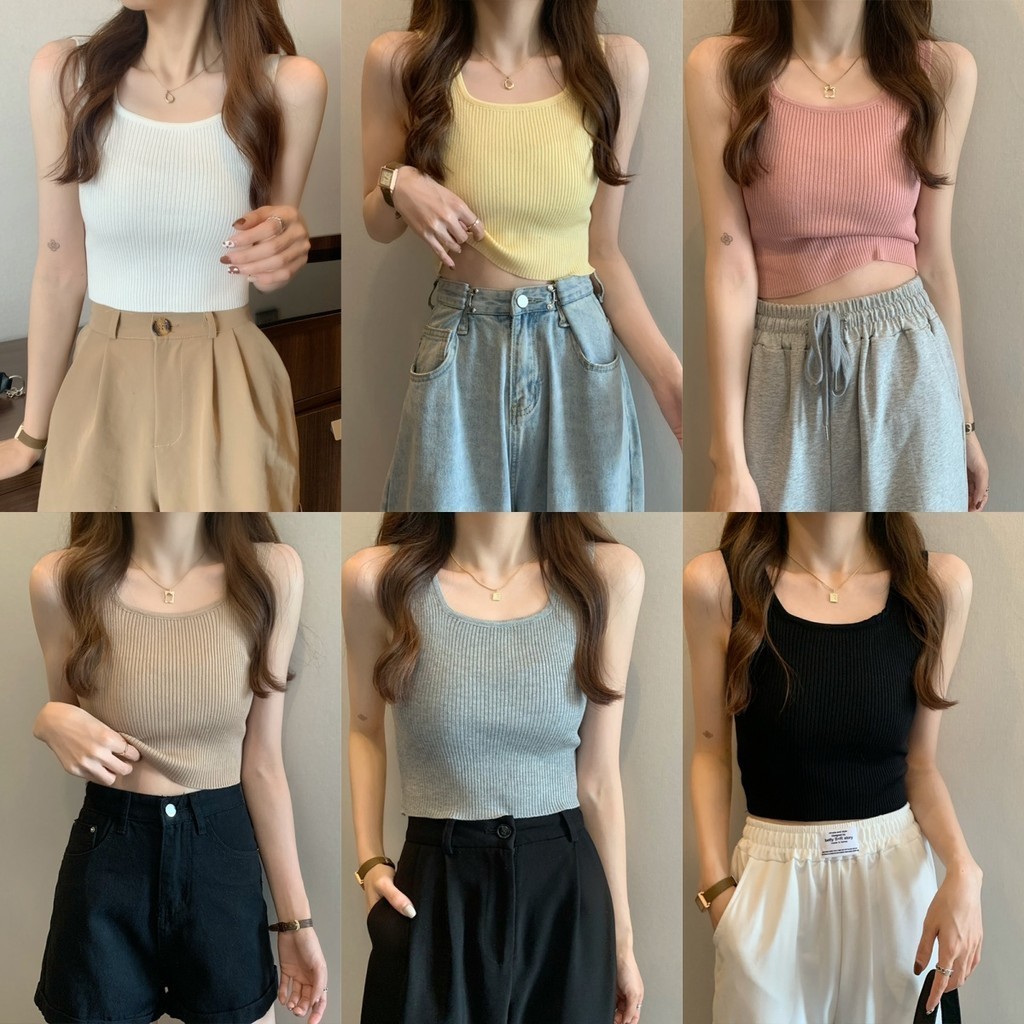 Soroh เสื้อสายเดี่ยว ไหมพรม คอเหลี่ยม แขนกุด สีพื้น ดีเทลผ้าร่อง เสื้อครอป หลากสี มินิมอล #28019