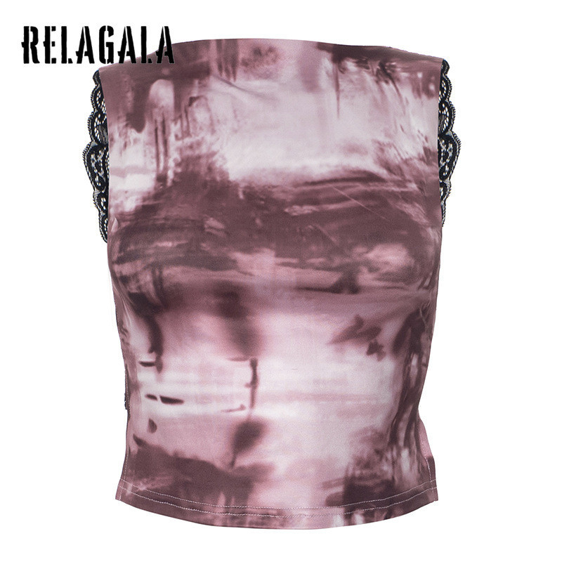RelaGala ผู้หญิงแฟชั่นใหม่สีตัดกันแขนกุดพิมพ์ลายเซ็กซี่ลูกไม้ Halter Tanks