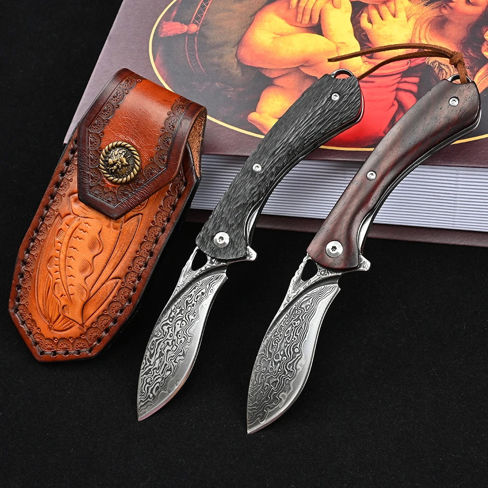 มีดพับ มีดแคมป์ มีดพับดามัสกัส (Damascus pocket knife) Sdokedc ใบ 2.8" เหล็ก Damascus VG10, Flipper 