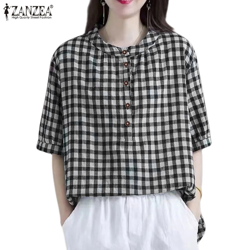 Zanzea เสื้อเบลาส์ปุ่มแขนโคมไฟลายหมากรุกรอบคอเกาหลีสําหรับผู้หญิง