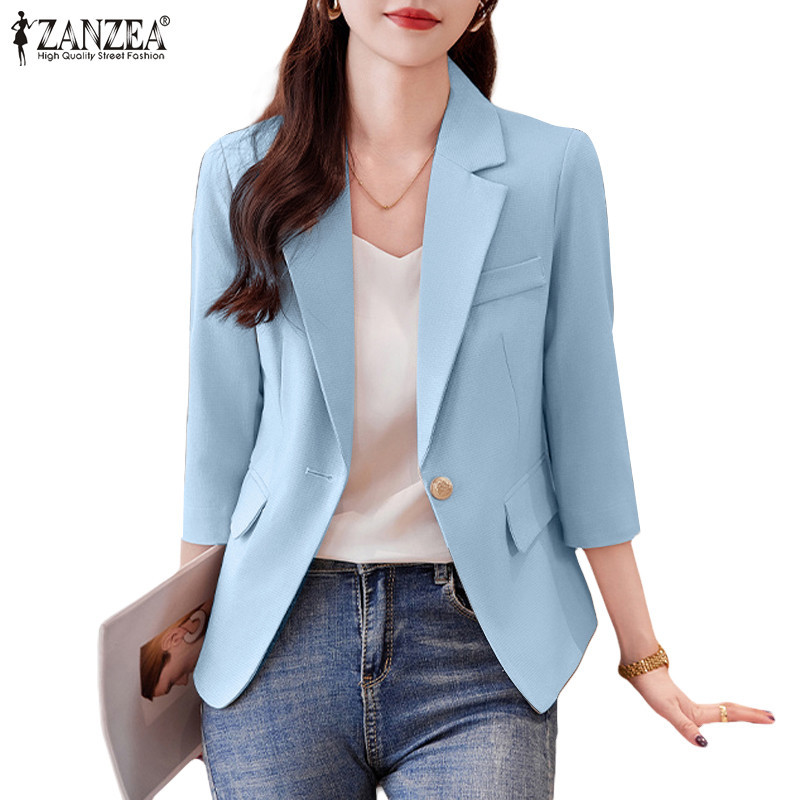 Zanzea เสื้อเบลาส์สีทึบแฟชั่นลําลองสําหรับผู้หญิง