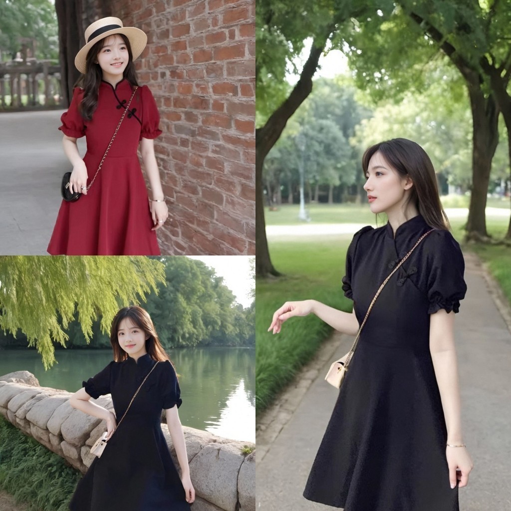 สวยระดับจักรวาล! ชุดเดรสกี่เพ้าสีดำสีแดงสไตล์จีน ผ้าฝ้าย คอจีน แขนตุ๊กตา สไตล์สาวจีน ใหม่ล่าสุด