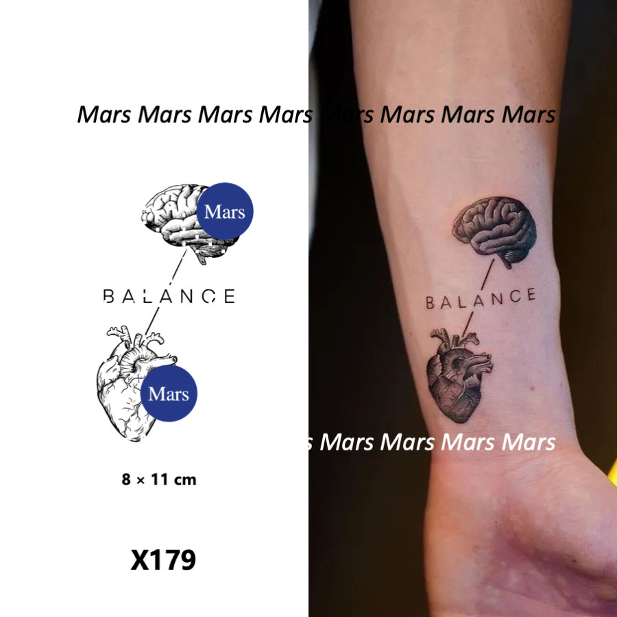 Mars Tattoonew Technology Magic, Long Lasting 2 สัปดาห์, รอยสักกึ่งถาวร, รอยสักชั่วคราว, สติ๊กเกอร์รอยสัก, รอยสักปลอม, Brain Heart Blance, X179