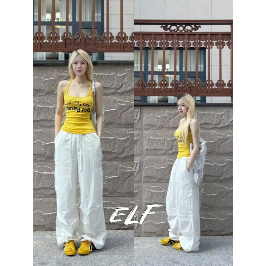 ELFwoo Dopamine Yellow Suspender Summer Slim Fit Sweet Babes เสื้อแขนกุด