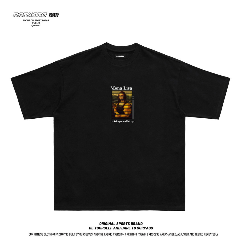 Burning Mona Lisa กล้ามเนื้อรุ่น Creative พิมพ์เสื้อยืดฟิตเนสหลวมผ้าฝ้าย Street สวมใส่กล้ามเนื้อชายแขนสั้น 0802