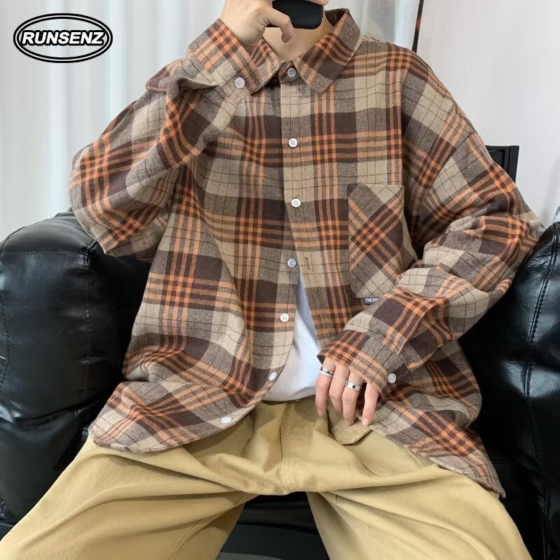 ม-5เอ็กแอล อเมริกันย้อนยุคเสื้อลายสก๊อตผู้ชายสีกากีสบายๆหลวมขนาดบวกเสื้อเชิ้ตแขนยาว