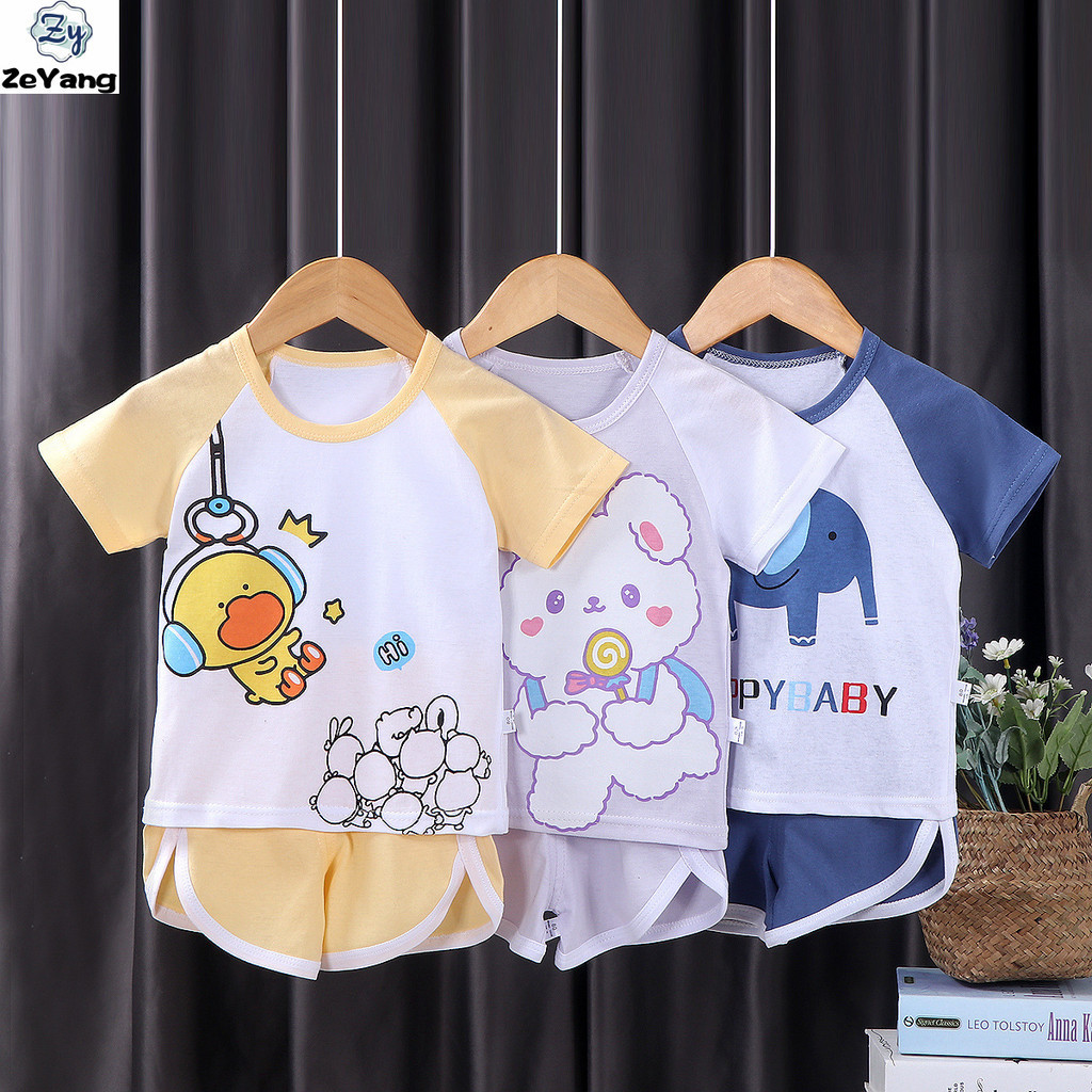 [ซี่] 60-130เซนติเมตรพร้อมสต็อกเด็กผ้าฝ้ายแท้แขนสั้นเสื้อยืดสูทชุดลําลองเด็กการ์ตูนแขนสั้นชุดบ้านสวมใส่แฟชั่นสูททุกการแข่งขันสูทเกาหล