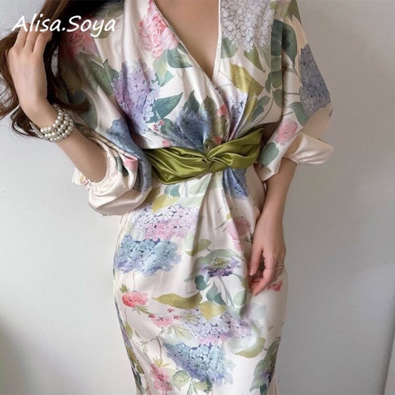 Alisa.sonya ชุดเดรสแขนกลางสไตล์เกาหลีของผู้หญิงElegant Cross Vคอดอกไม้พัฟแขนCinchedเอว Tea Breakชุด
