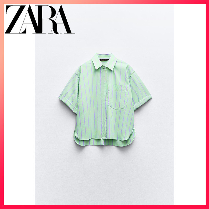 Zara สินค้าใหม่เสื้อเชิ้ตแขนสั้นปก Poplin ลายลําลองผู้หญิง