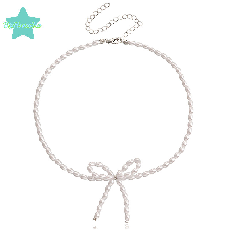 [BigHouseSea] Vintage Simple Elegant Pearl Bowknot sel Temperament Choker สร้อยคอผู้หญิงงานแต่งงานเงาแฟชั่นเครื่องประดับอุปกรณ์เสริมใหม่