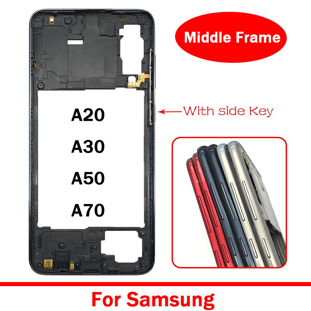 1X สําหรับ Samsung A20 A30 A50 A70 ที่อยู่อาศัยกรอบกลางกรณี + ปุ่มด้านข้างและปุ่มปรับระดับเสียงอะไหล่ทดแทน