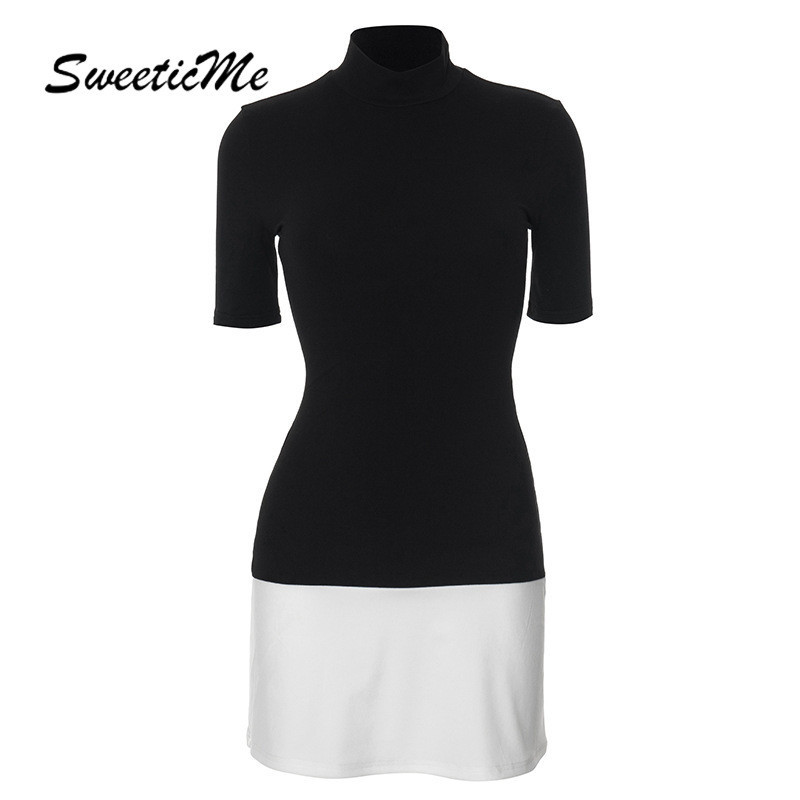 Sweeticme ชุดสตรี 2024 ใหม่แฟชั่น Contrast สี Slim Fit เต่าคอแขนสั้น Bodycon Mini Dress