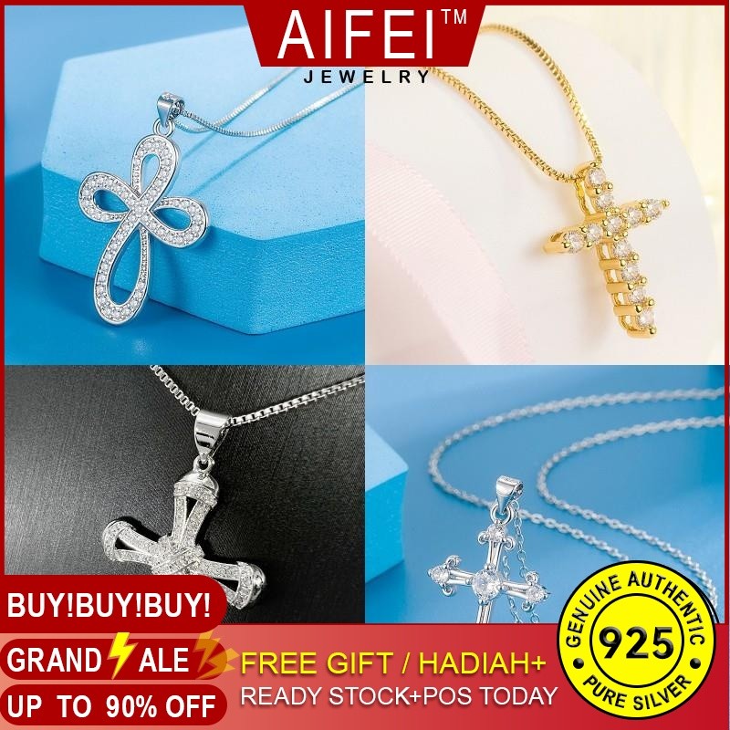 Aifei JEWELRY ผู้หญิง Perak เงินสเตอร์ลิงจี้ Cross Leher 925 สําหรับสร้อยคอเกาหลีอุปกรณ์เสริม Simple Rantai Silver Ginga Moissanite Gold Perempuan M092