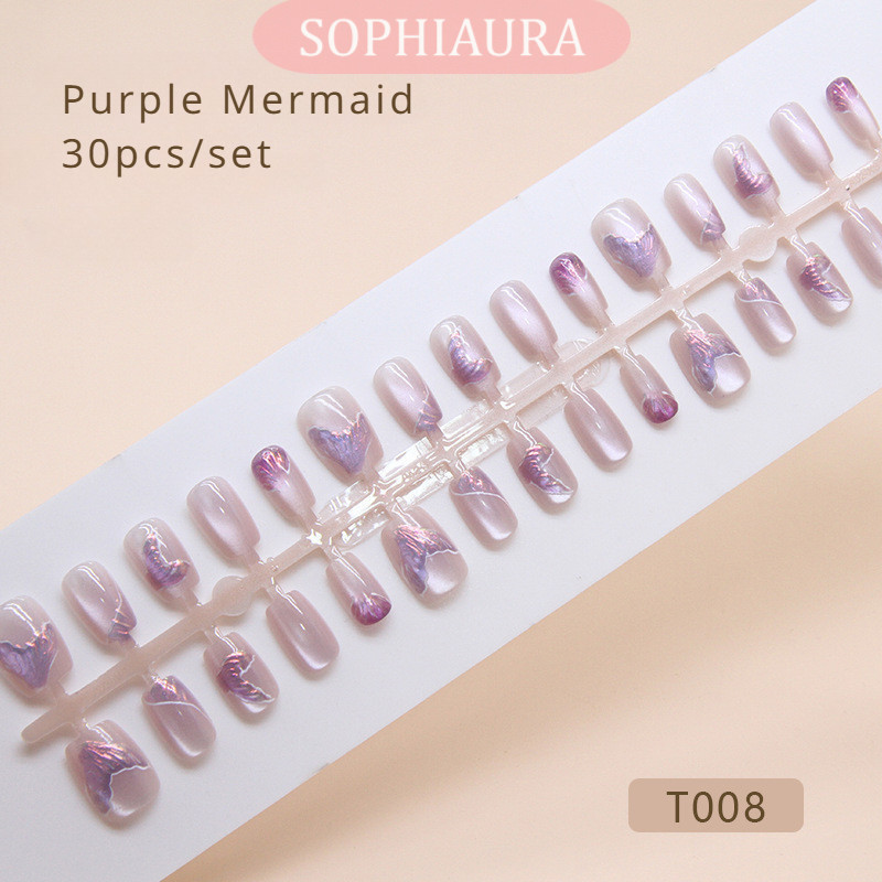 Sophiaura 30 ชิ้นโรแมนติก Elegant Mermaid Series Cat Eye Gradient ประกายสั้นสแควร์ที่ถอดออกได้เล็บ ArtDecorphere Patch เล็บปลอมกดบนเล็บเล็บปลอม