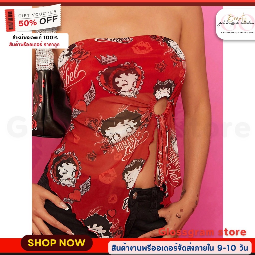 Betty Boop เสื้อแขนกุด หน้าตัด ลายตัวอักษร เน็ต ปล่อยข้างพับเป็นปมเย็บติดลายแนว Y2K