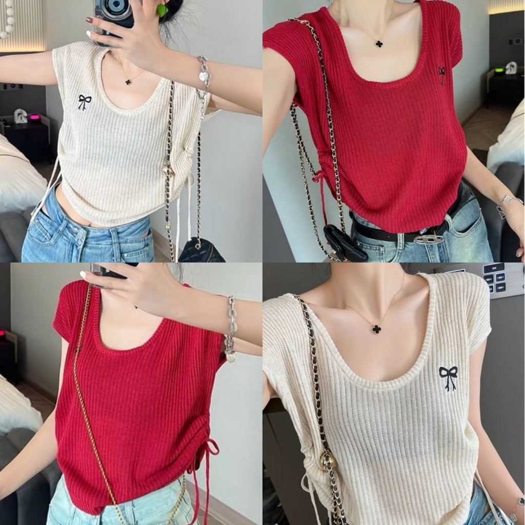 Evelyn เสื้อยืด ​ผู้หญิง ผ้าถัก คอวี แขนกุด มินิมอล ปักลายโบว์ ดีเทลรูดด้านข้าง เสื้อสไตล์เกาหลี เข้ารูป ใส่สบาย#Y6519