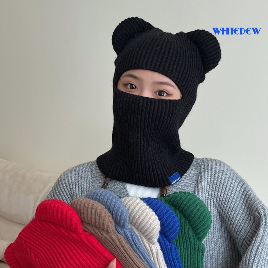 WHT-Bear หูสีทึบป้องกันหูถักผ้าพันคอหมวก Unisex ฤดูหนาวขี่กลางแจ้งแบบบูรณาการผ้าพันคอ Beanie หมวกเคร