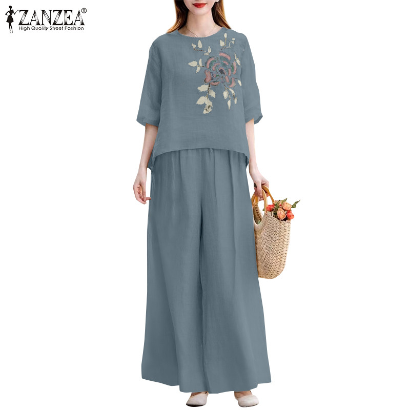 ZANZEA ใส่ ซานเซีย ผู้หญิงเกาหลีสบายๆรอบคอปุ่ม เชือกรูด ขากว้างกระเป๋าเสื้อและกางเกง