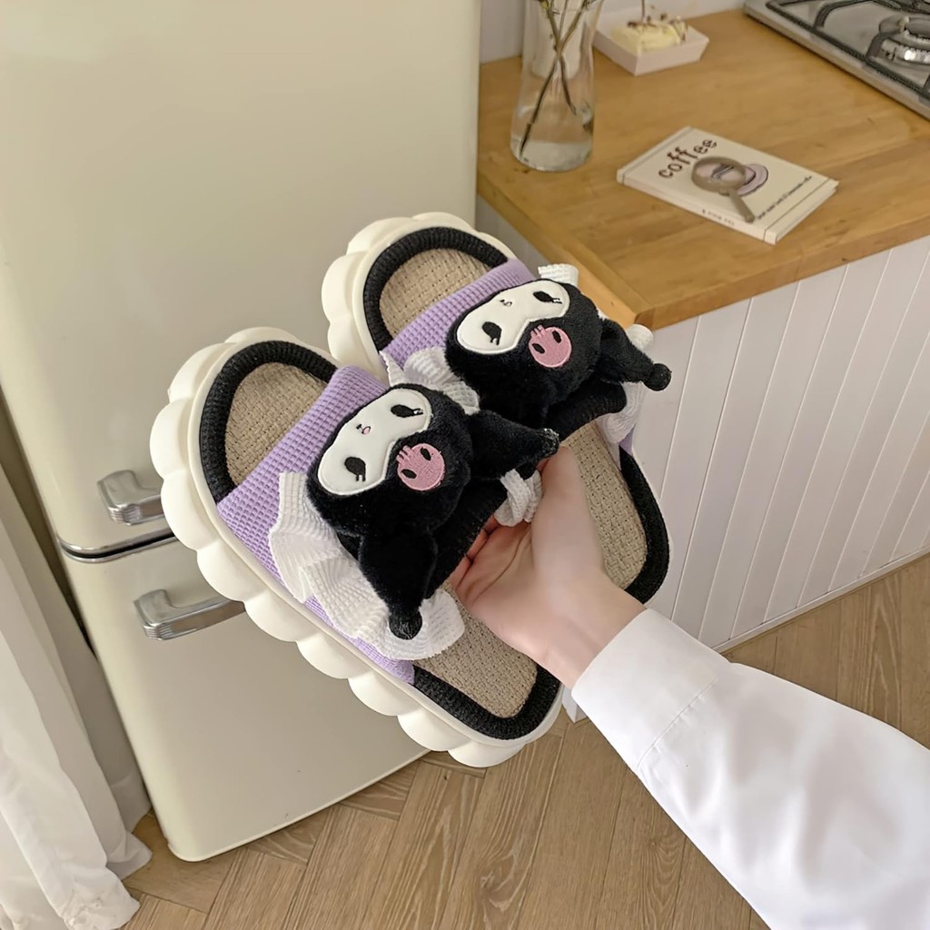 รองเท้าแตะ น่ารัก Cinnamaroll Sanrio Kuromi Kitty Furry Slides - การ์ตูนผู้หญิงผ้าลินินรองเท้าแตะ Mute ผ้าลินินรองเท้าสไลด์สําหรับผู้หญิง