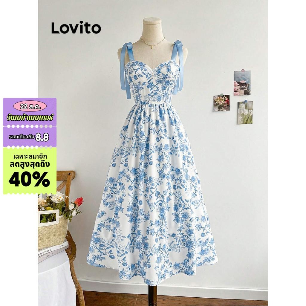 Lovito เดรสผู้หญิง ลายดอกไม้ ผูกเชือก คัลเลอร์บล็อก สไตล์โบโฮ L91ED501